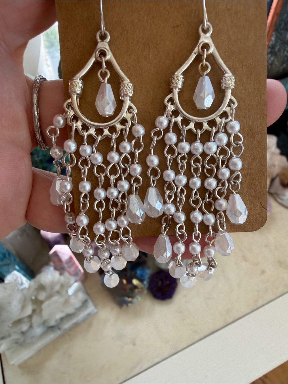 Silver Chandelier Pearl & Crystal Drop Earrings